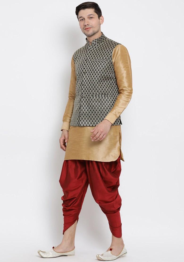 Gold Woven Poly Blend Kurta Set For Men
