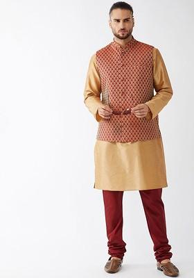 Rose Gold Solid Poly Blend Kurta Set For Men