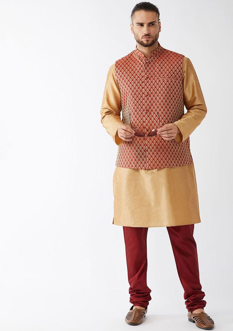 Rose Gold Solid Poly Blend Kurta Set For Men