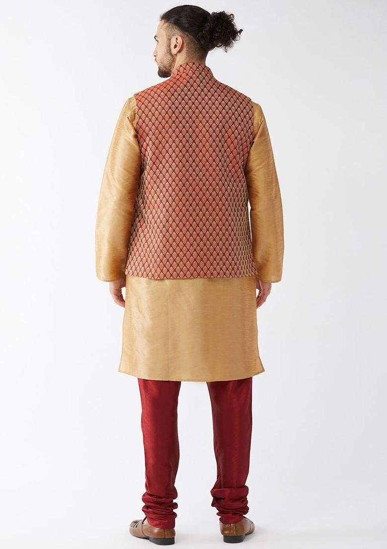Rose Gold Solid Poly Blend Kurta Set For Men