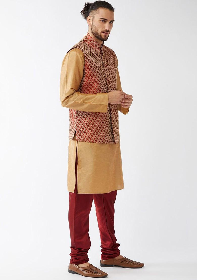Rose Gold Solid Poly Blend Kurta Set For Men