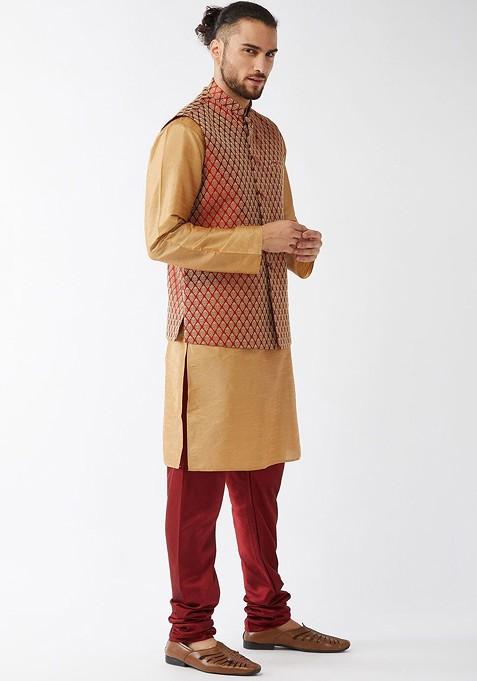 Rose Gold Solid Poly Blend Kurta Set For Men