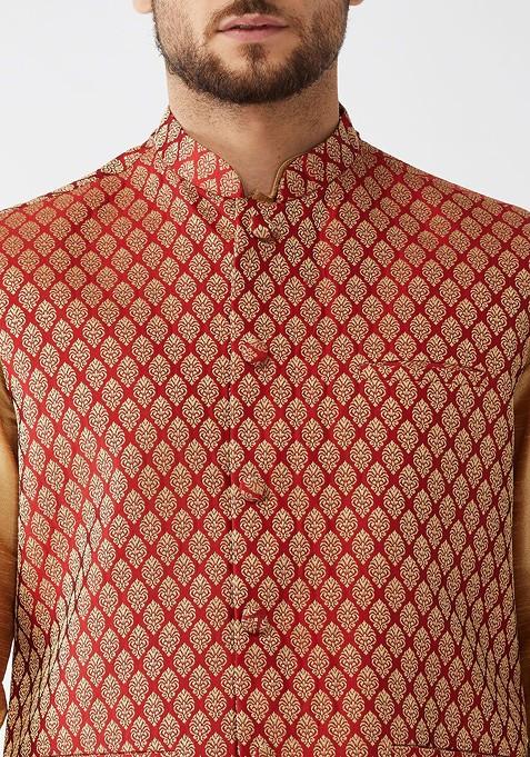 Rose Gold Solid Poly Blend Kurta Set For Men