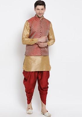 Rose Gold Solid Poly Blend Kurta Set For Men