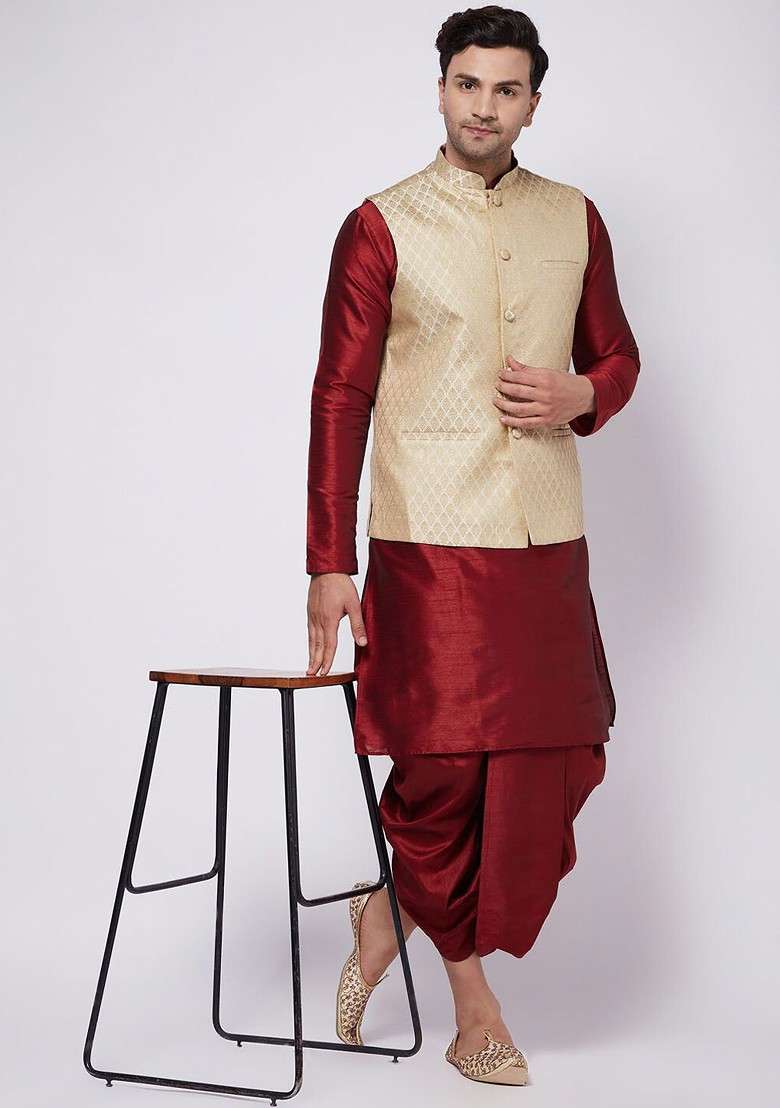 Maroon Woven Poly Blend Kurta Set For Men - Indya