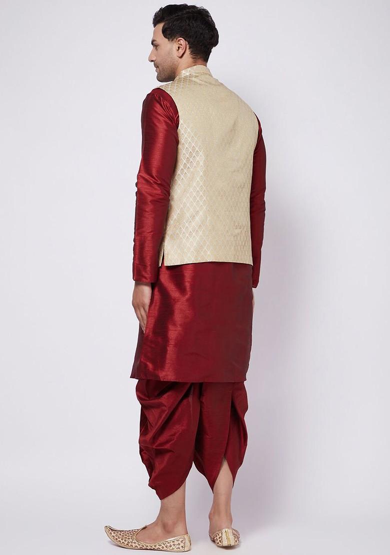Maroon Woven Poly Blend Kurta Set For Men