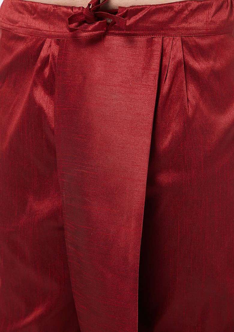 Maroon Woven Poly Blend Kurta Set For Men - Indya