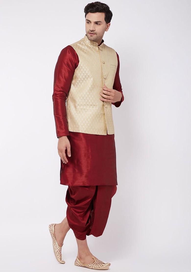 Maroon Woven Poly Blend Kurta Set For Men