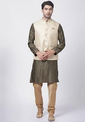 Black Woven Poly Blend Kurta Set For Men