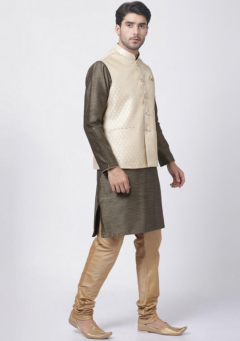 Black Woven Poly Blend Kurta Set For Men