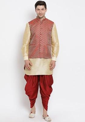Gold Woven Poly Blend Kurta Set For Men