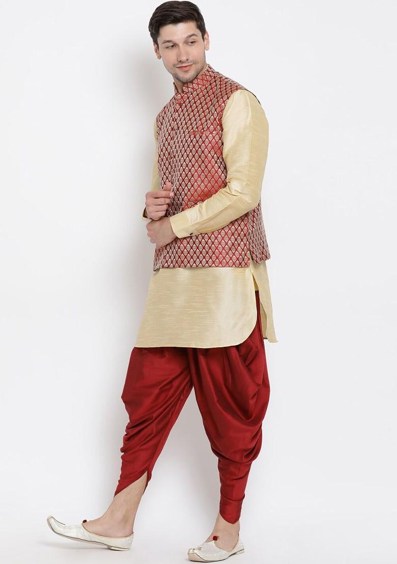 Gold Woven Poly Blend Kurta Set For Men
