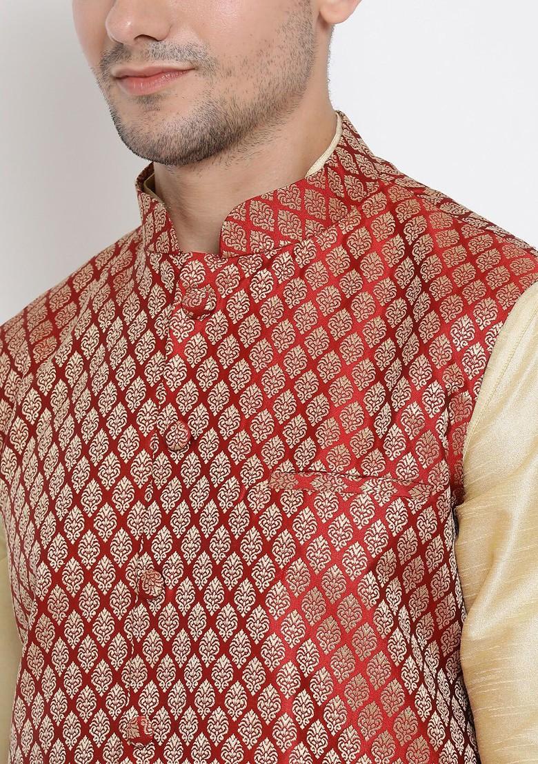 Gold Woven Poly Blend Kurta Set For Men