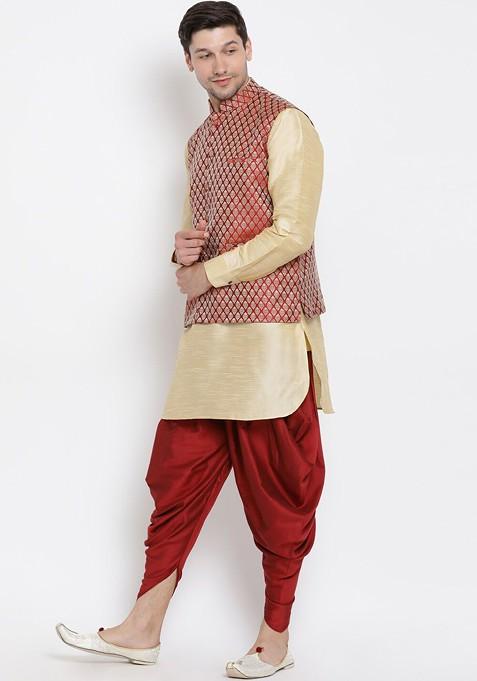 Gold Woven Poly Blend Kurta Set For Men