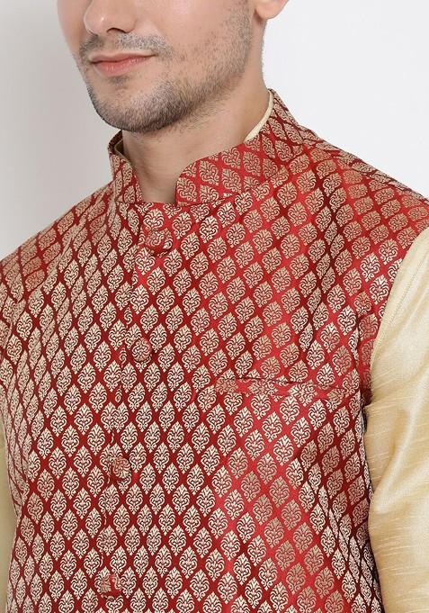 Gold Woven Poly Blend Kurta Set For Men