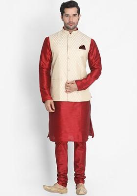 Maroon Solid Poly Blend Kurta Set For Men