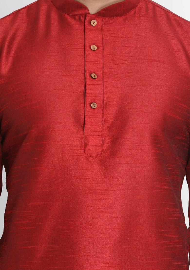 Maroon Solid Poly Blend Kurta Set For Men