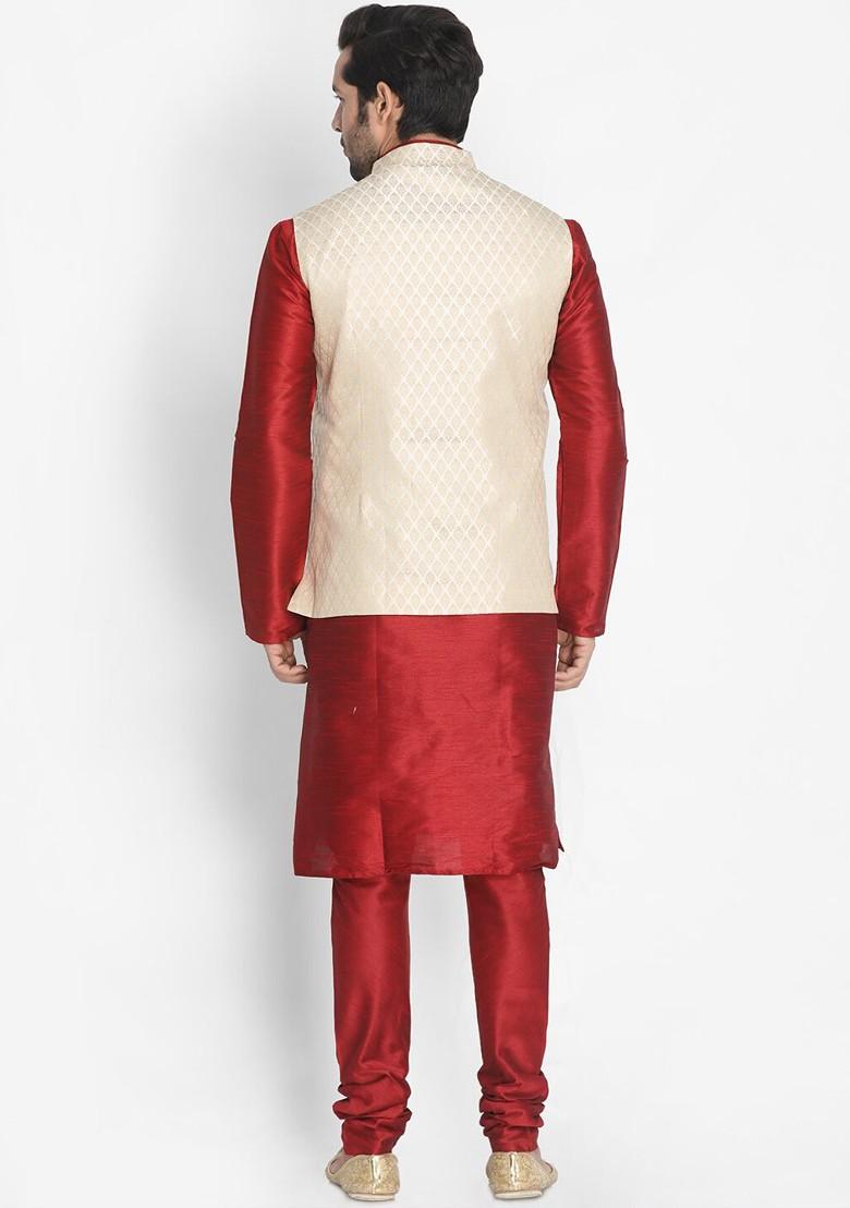 Maroon Solid Poly Blend Kurta Set For Men