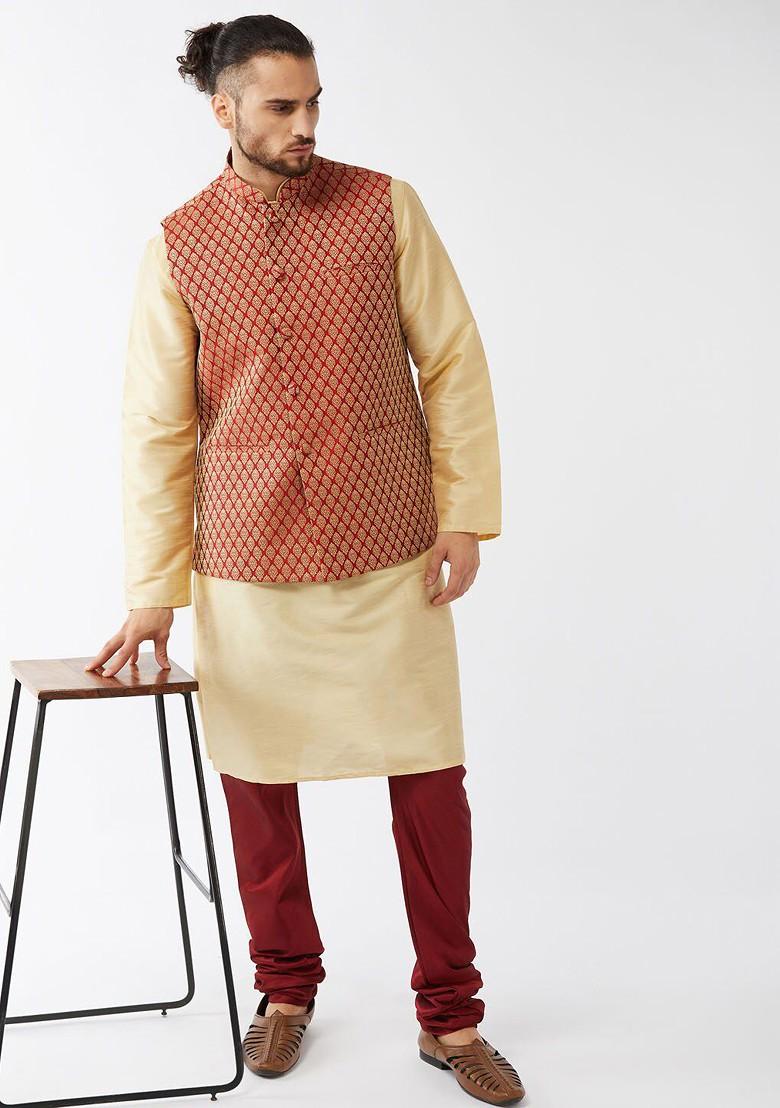 Gold Woven Poly Blend Kurta Set For Men