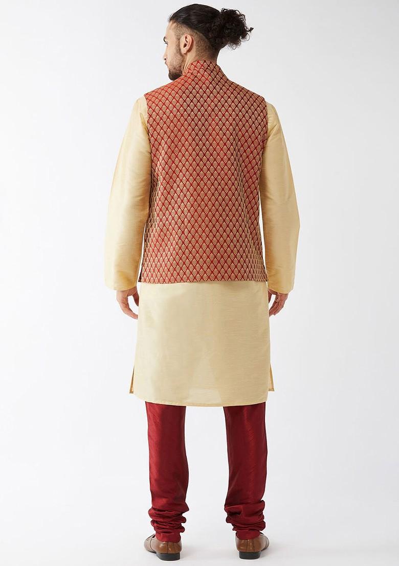 Gold Woven Poly Blend Kurta Set For Men