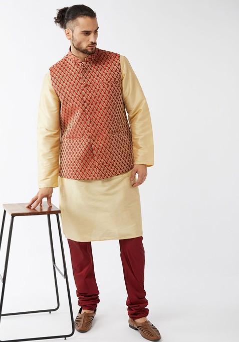 Gold Woven Poly Blend Kurta Set For Men