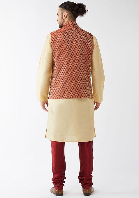 Gold Woven Poly Blend Kurta Set For Men