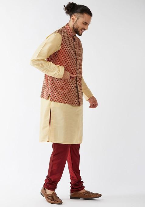 Gold Woven Poly Blend Kurta Set For Men