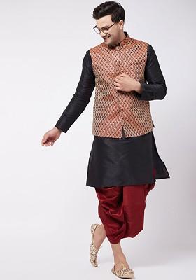 Black Woven Poly Blend Kurta Set For Men