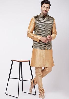 Rose Gold Solid Poly Blend Kurta Set For Men