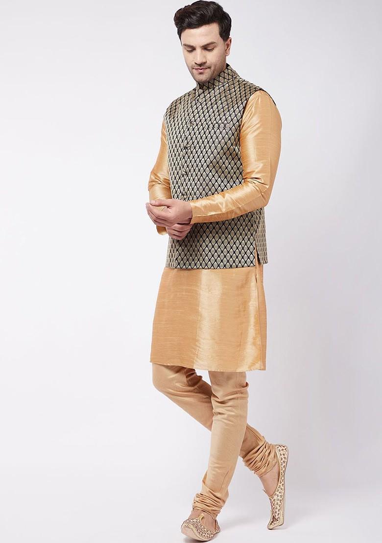 Rose Gold Solid Poly Blend Kurta Set For Men