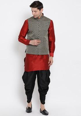 Maroon Woven Poly Blend Kurta Set For Men