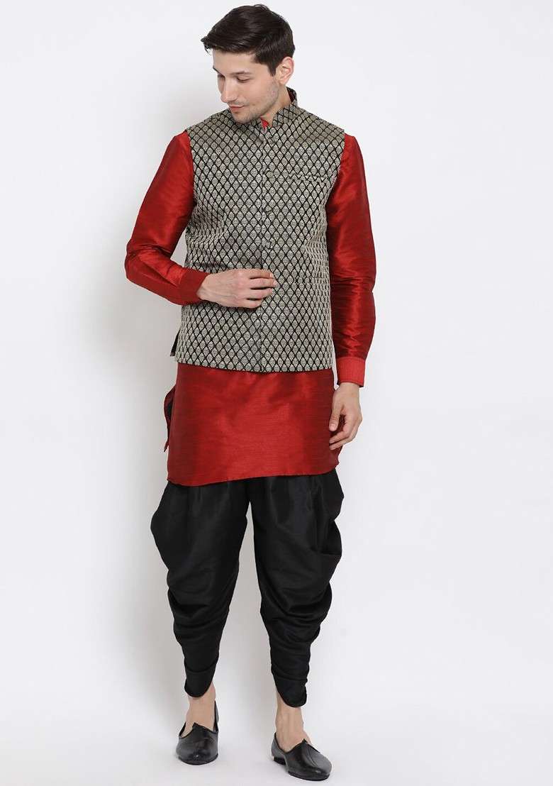 Maroon Woven Poly Blend Kurta Set For Men - Indya
