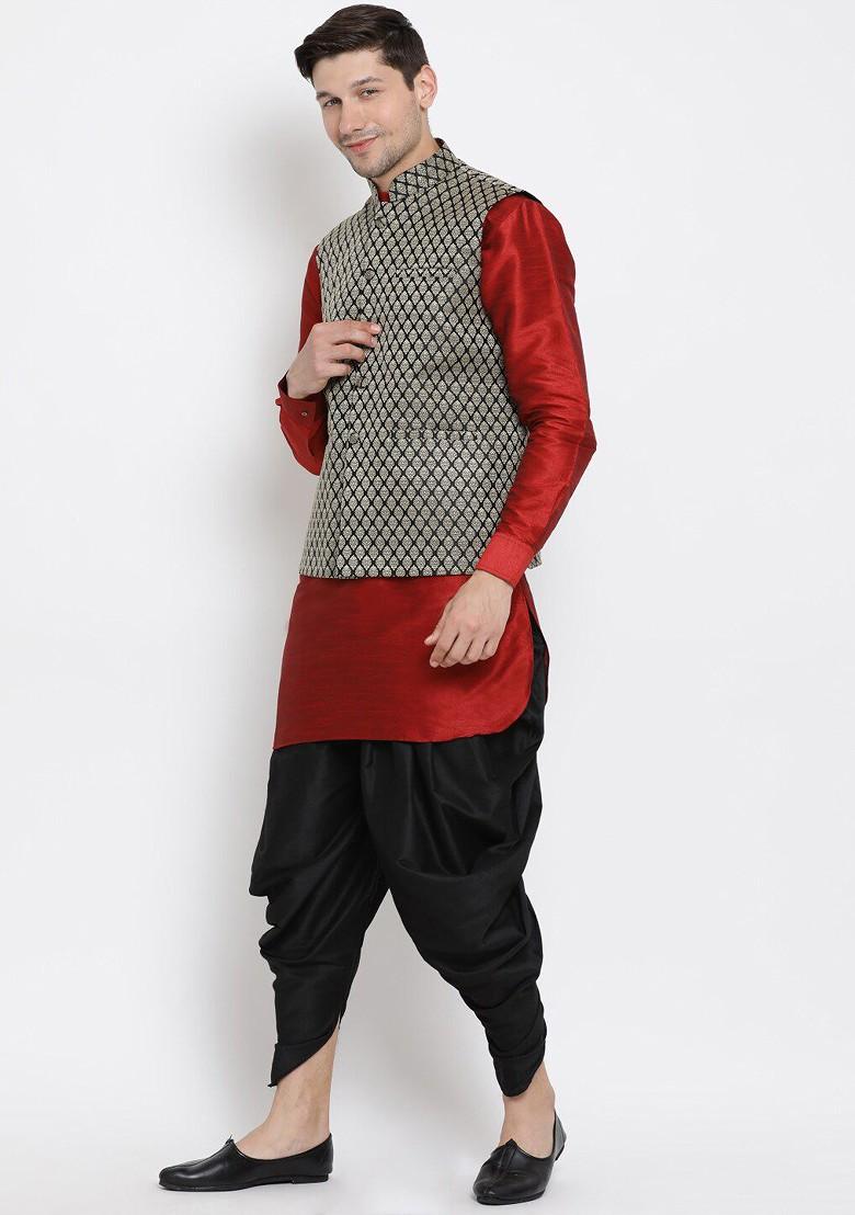 Maroon Woven Poly Blend Kurta Set For Men