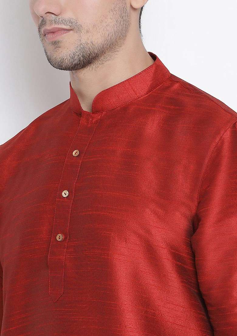 Maroon Woven Poly Blend Kurta Set For Men - Indya