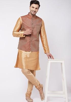 Rose Gold Solid Poly Blend Kurta Set For Men