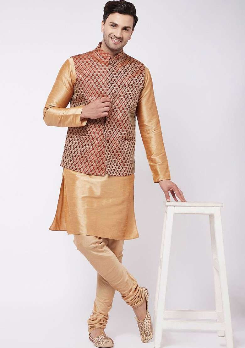 Rose Gold Solid Poly Blend Kurta Set For Men - Indya
