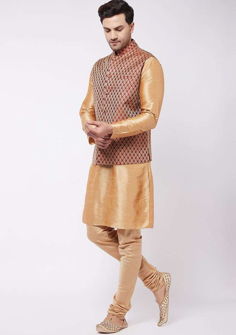 Rose Gold Solid Poly Blend Kurta Set For Men - Indya