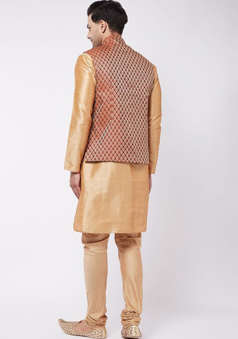 Rose Gold Solid Poly Blend Kurta Set For Men