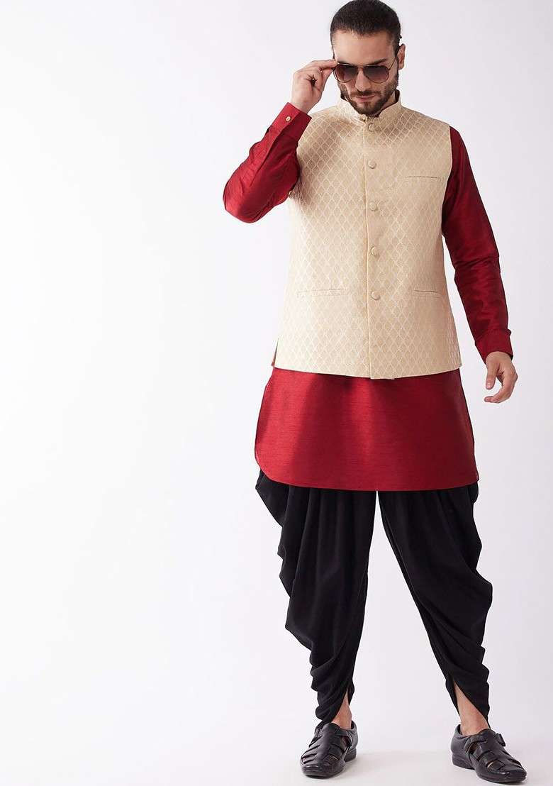 Maroon Woven Poly Blend Kurta Set For Men - Indya