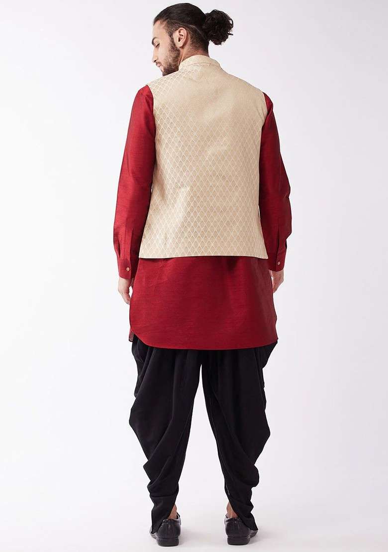 Maroon Woven Poly Blend Kurta Set For Men - Indya