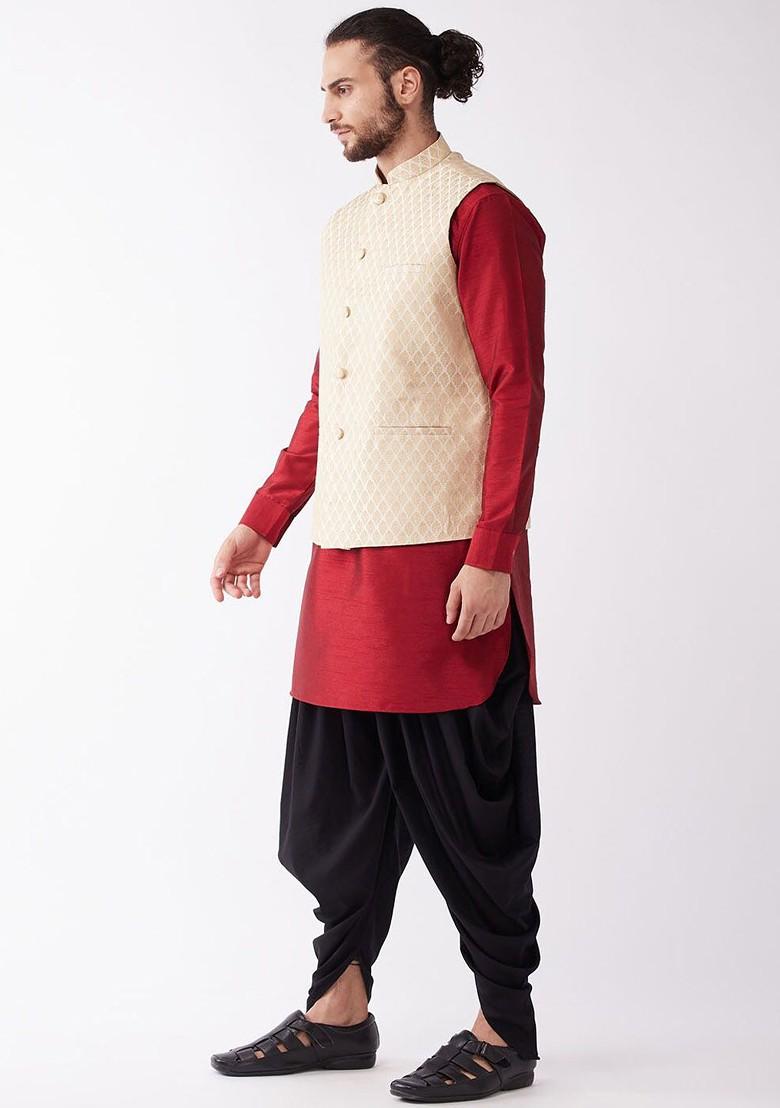 Maroon Woven Poly Blend Kurta Set For Men