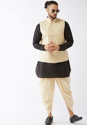 Black Woven Poly Blend Kurta Set For Men