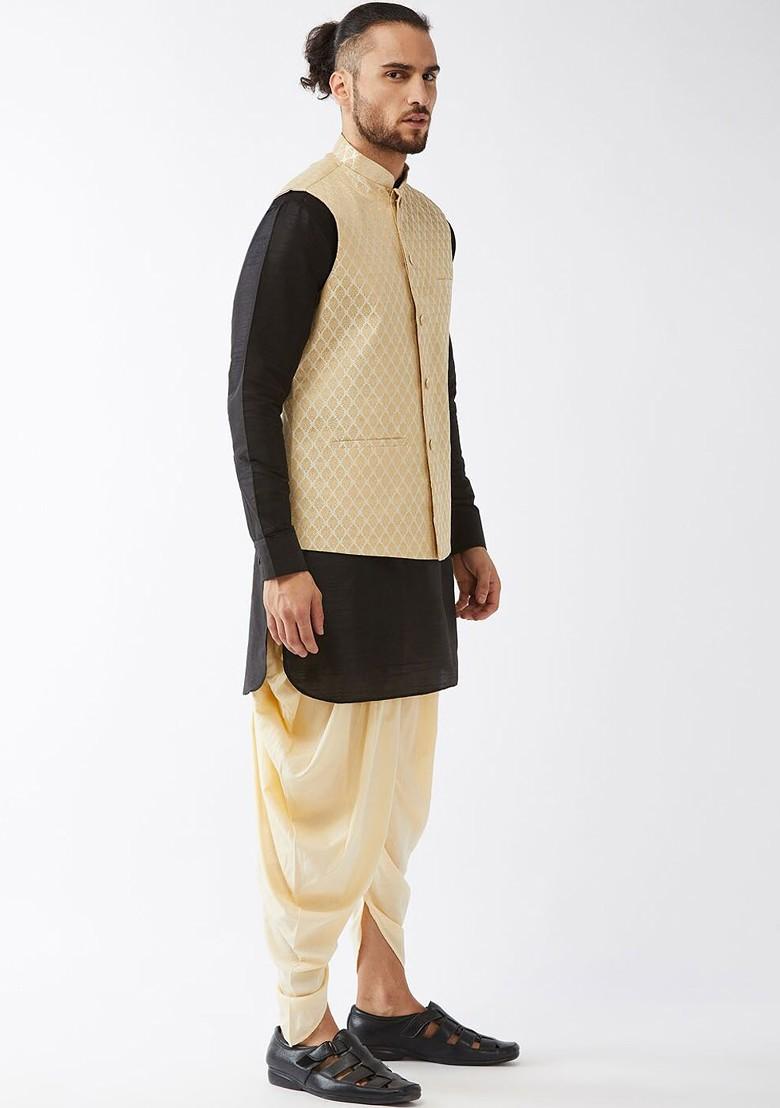 Black Woven Poly Blend Kurta Set For Men