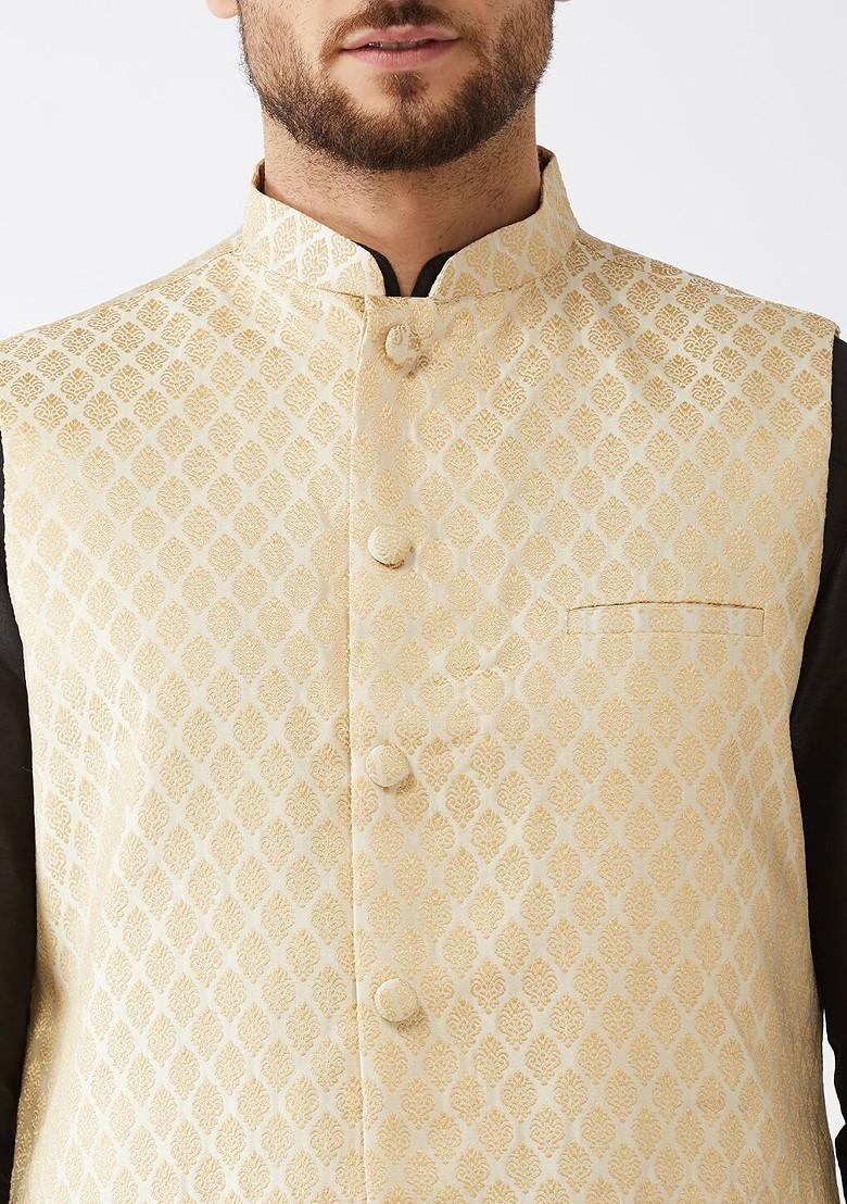 Black Woven Poly Blend Kurta Set For Men