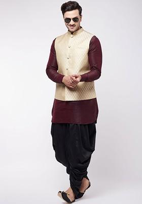 Burgundy Woven Poly Blend Kurta Set For Men