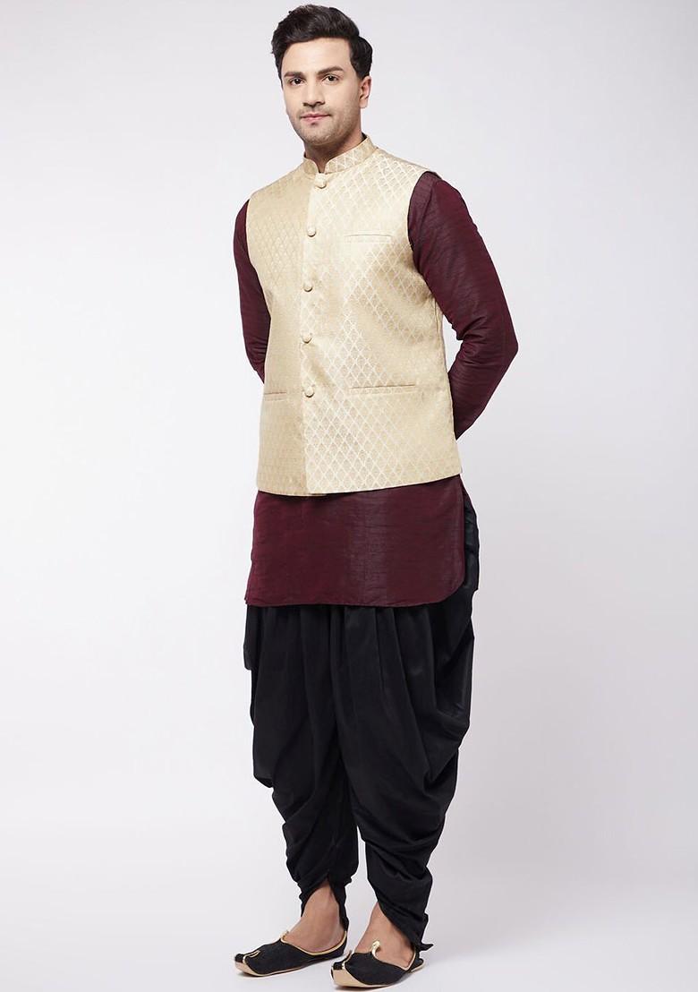 Burgundy Woven Poly Blend Kurta Set For Men