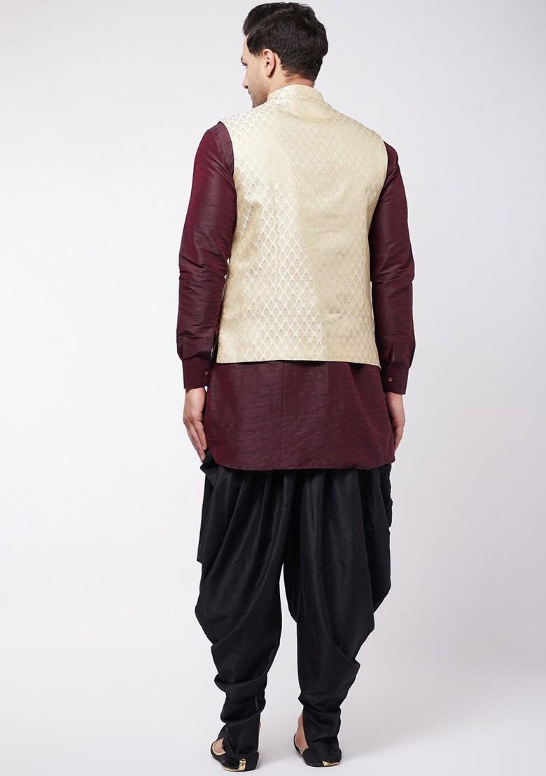 Burgundy Woven Poly Blend Kurta Set For Men