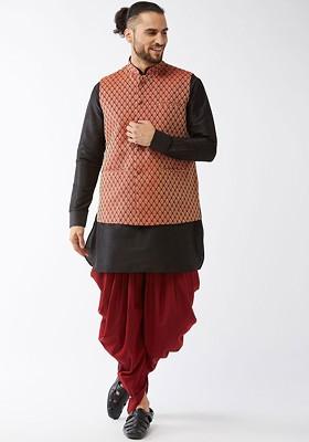 Black Woven Poly Blend Kurta Set For Men
