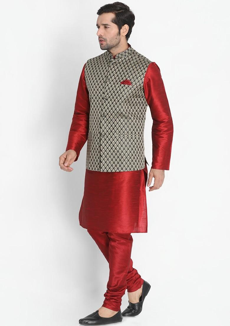 Maroon Solid Poly Blend Kurta Set For Men
