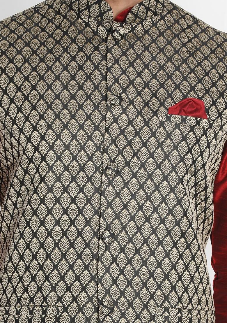 Maroon Solid Poly Blend Kurta Set For Men